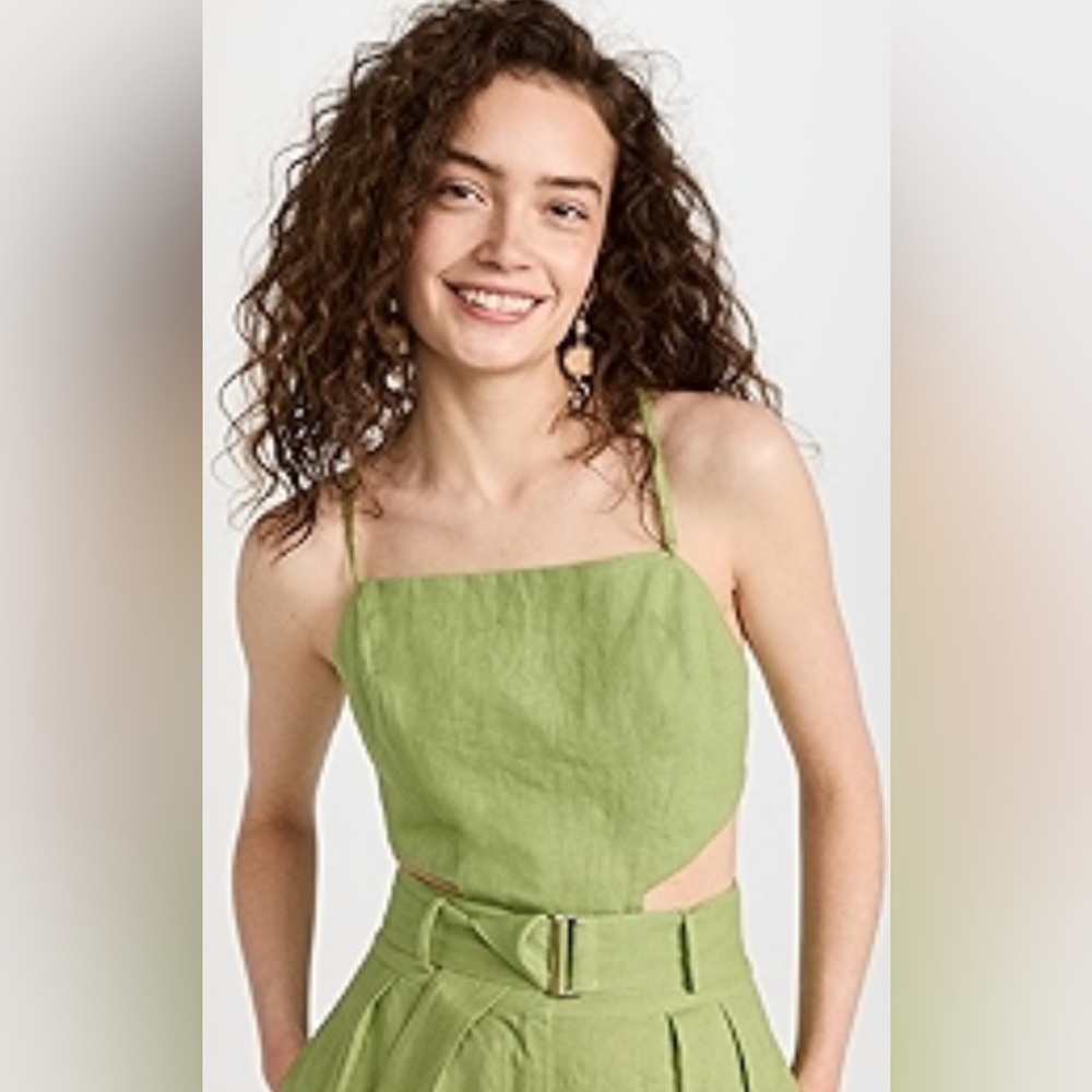 Hevron Green Linen Sleeveless Crop Top